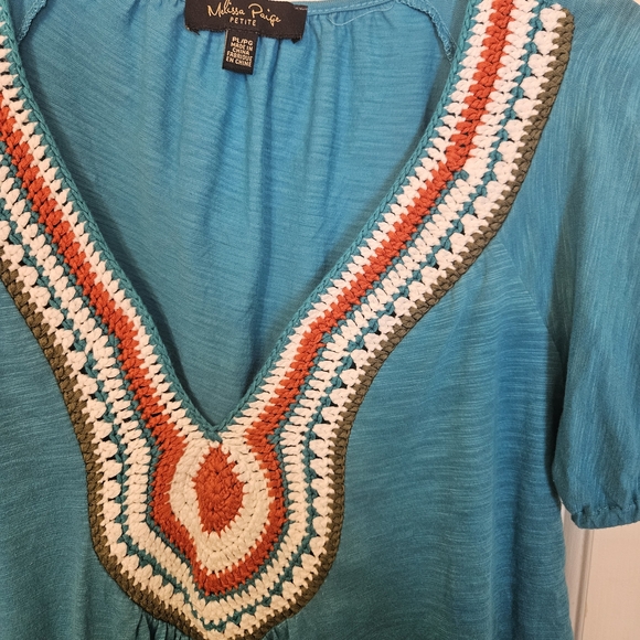 Melissa Paige Teal Blue Tunic Multi-color Crochet Trim Sz PL - Picture 2 of 5